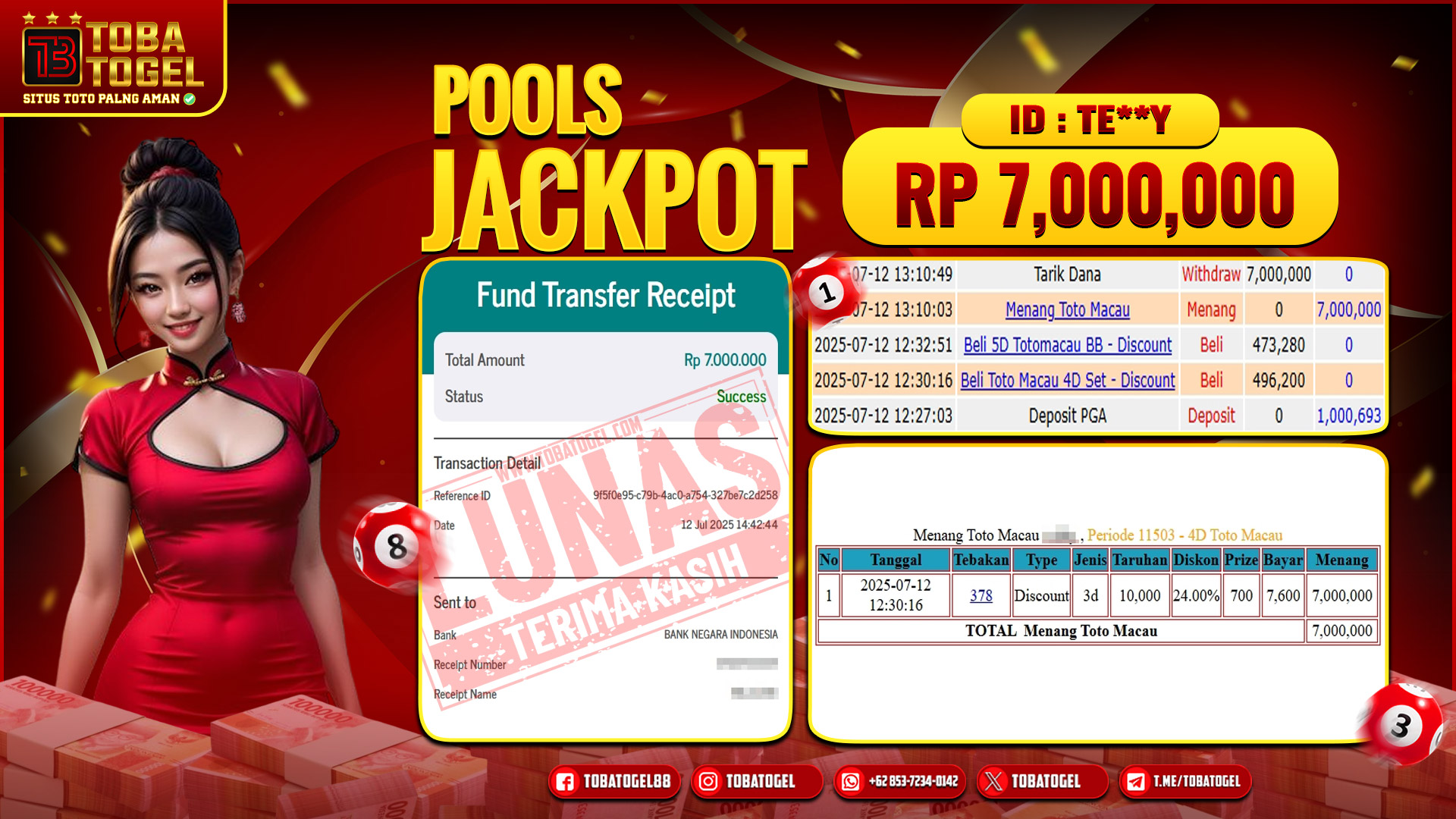 TOBATOGEL - JACKPOT TOGEL TOTOMACAU 4D 7 JUTA LUNAS ✅