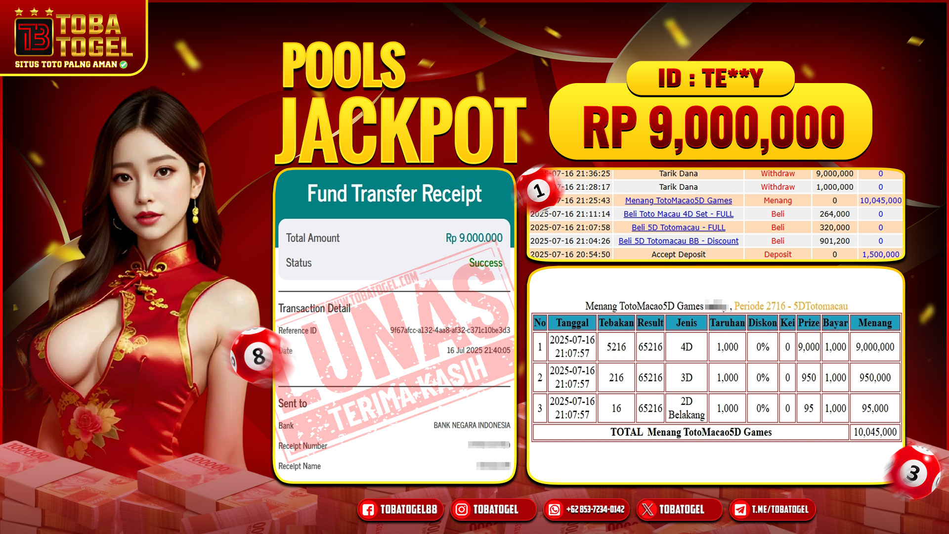 TOBATOGEL - JACKPOT TOGEL TOTOMACAU 5D 9 JUTA LUNAS ✅