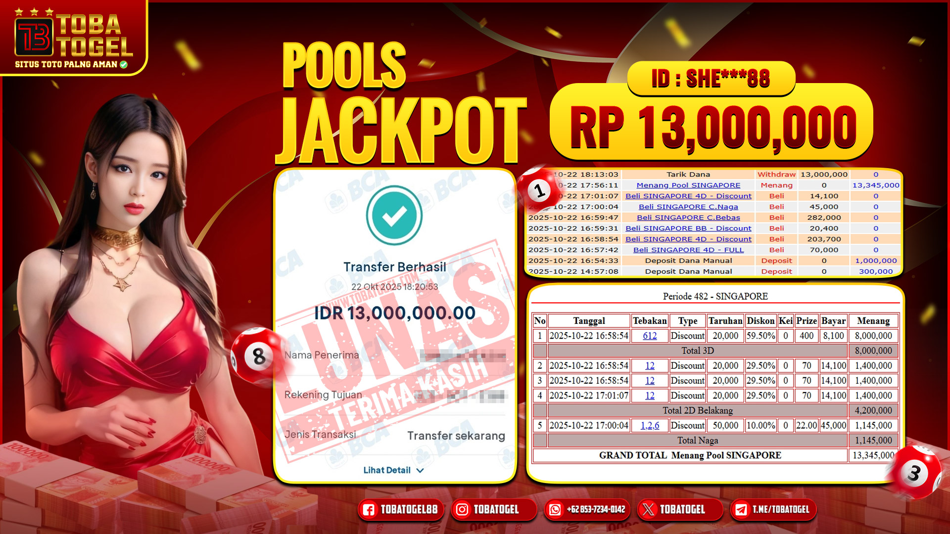 TOBATOGEL - JACKPOT TOGEL SINGAPORE POOLS 13 JUTA LUNAS ✅