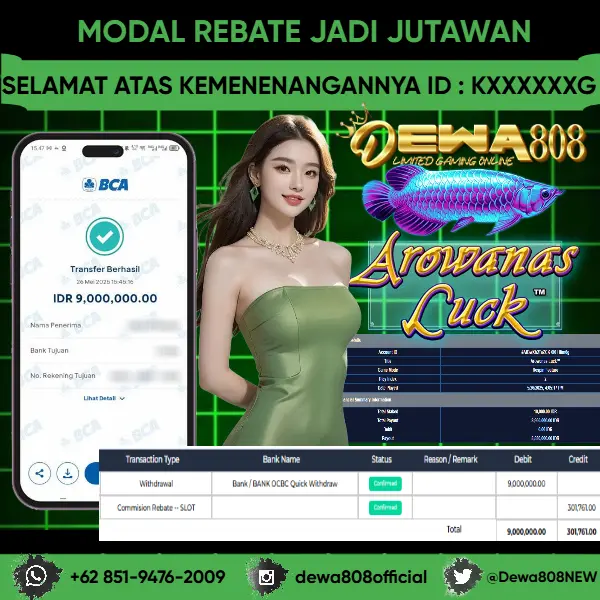 JACKPOT SLOT !! MENANG BESAR DI PERMAINAN AROWANAS LUCK SEBESAR Rp 9.000.000 LANGSUNG DI BAYAR LUNAS OLEH DEWA808 !!