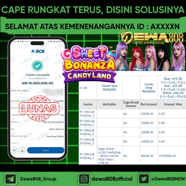 JACKPOT SLOT !! MENANG BESAR DI PERMAINAN SWEET BONANZA CANDY LAND !!! DEWA808 BAYAR LANGSUNG LUNAS SEBESAR Rp 15.000.000 !!!