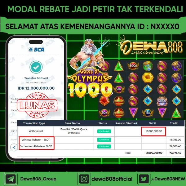 JACKPOT SLOT !! MENANG BESAR DI PERMAINAN GATES OF OLYMPUS 1000 SEBESAR Rp 12.000.000 DEWA808 DIBAYAR SECEPAT KILAT !!